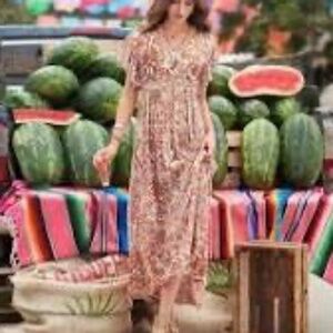 Sundance Faye Floral Boho V-Neck Flutter Sleeve Maxi Dress Size 2 Empire Waist
